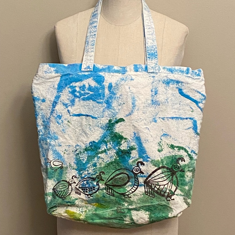 Handcrafted Tote Bag with Blue and Green Quail Design